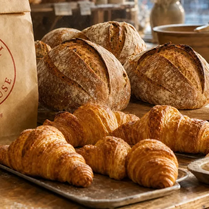 Sourdough loaves and croissants on a bakery counter