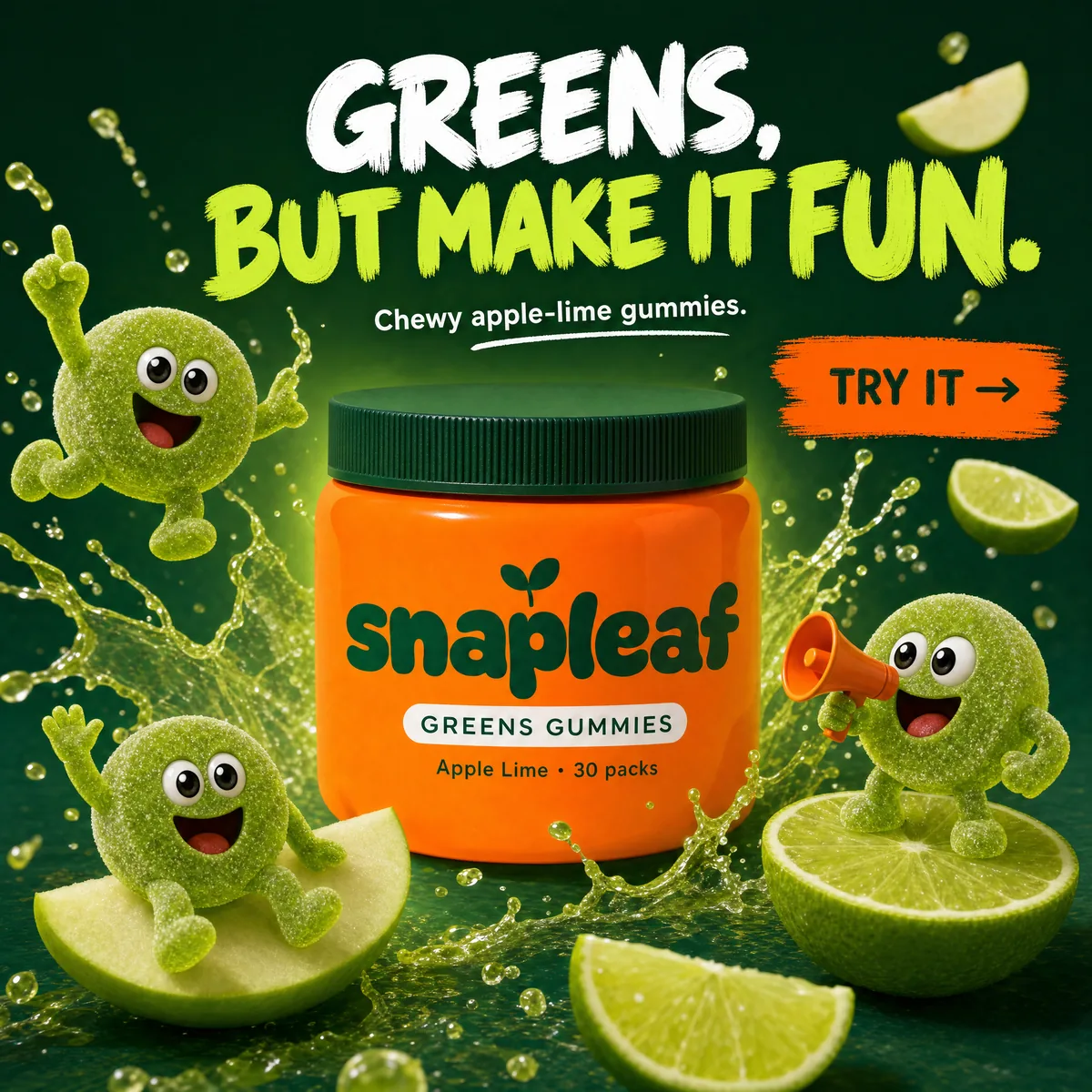 Three cartoon lime-green gummy mascots, one shouting into a megaphone, leap around an orange Snapleaf tub amid apple-lime splashes.