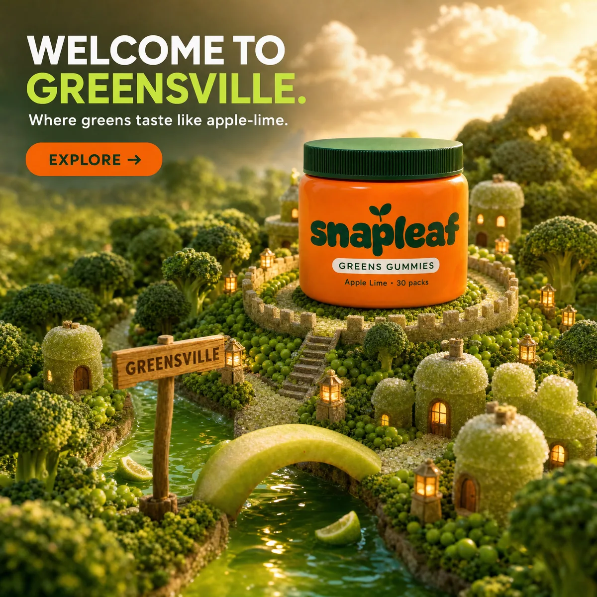 A golden-hour miniature village of broccoli trees, pea hedges and gummy cottages with the Snapleaf tub on the hilltop like a castle.
