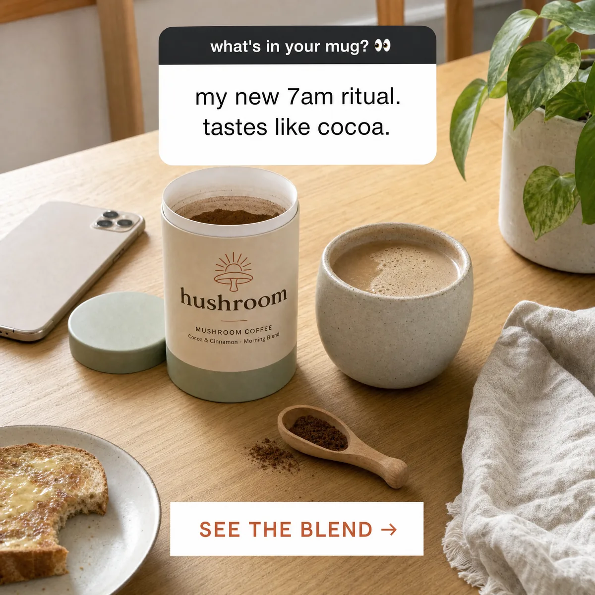 A casual phone photo of an opened Hushroom canister, a mug of mushroom coffee and half-eaten toast, with an Instagram question sticker on top.