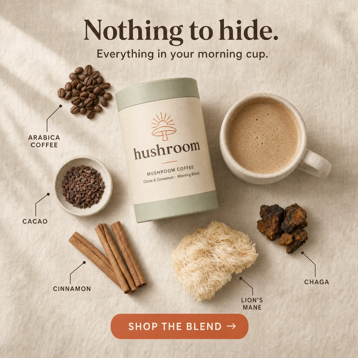 A top-down flat-lay of the Hushroom canister and a mug surrounded by labelled coffee beans, cacao nibs, cinnamon, lion's mane and chaga.