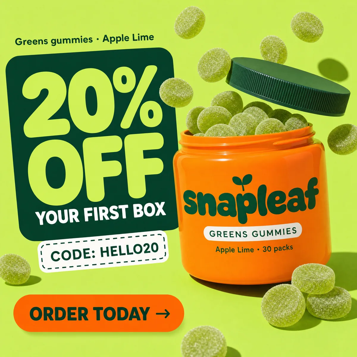 A bold lime-green offer card with "20% off your first box" and a coupon code next to an open Snapleaf tub spilling gummies.